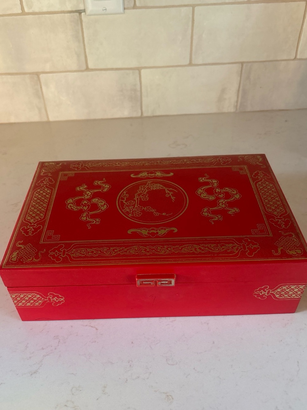 Vintage Red Leatherette 12" JEWELRY BOX w/ Satin & Velvet Lining